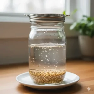 Organic alfalfa seeds soaking in a glass sprouting jar as the first step of the growing process.