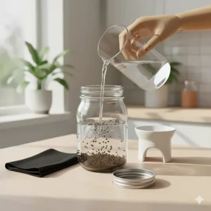Illustration showing the first step of using a broccoli sprout growing kit: soaking organic seeds in a glass jar.