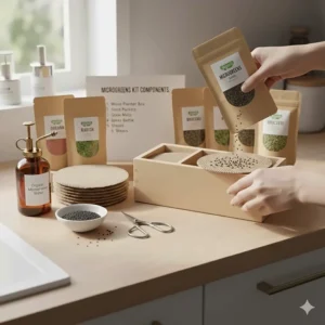 Close-up illustration of spreading non-GMO microgreen seeds evenly across the soil surface.