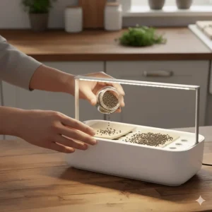 Spreading broccoli seeds evenly across the moist surface of a hydroponic growing medium.