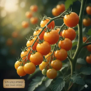 Close-up of golden-orange Sun Gold hybrid cherry tomatoes growing on a vine, known for high sugar content.