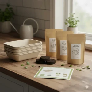 Biodegradable components of an eco-friendly microgreens kit including compostable trays and organic seeds.