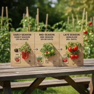 A timeline illustration showing the "days to maturity" for early-season vs. late-season tomato seeds.