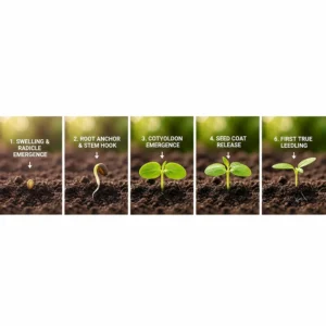 Step-by-step illustration of a tomato seed germinating from sprout to first true leaves.