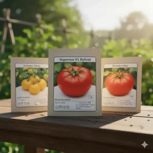 Illustration explaining common seed packet codes like V, F, and N for disease-resistant tomato varieties.