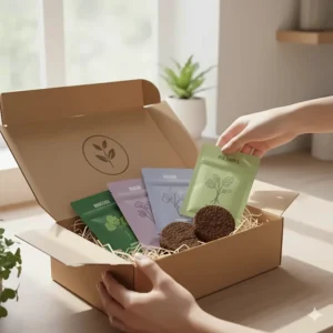 Opening a microgreens kit gift box to reveal colorful seed packets and compressed soil discs.