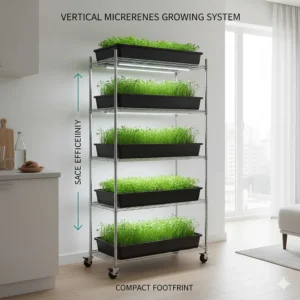 Illustration of a space-saving vertical complete microgreens growing system ideal for indoor or urban farming.