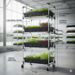 Illustration of a 5-tier vertical shelf design for a commercial microgreens growing kit to maximize space.