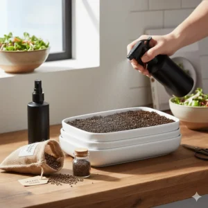 A person misting a tray of sprouts from their affordable microgreens growing kit to ensure proper hydration.