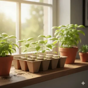 Potted basil seedlings on a sunny windowsill receiving bright indirect light.