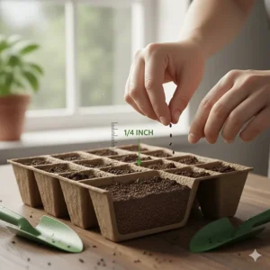 Diagram showing the correct quarter-inch planting depth for basil seeds.