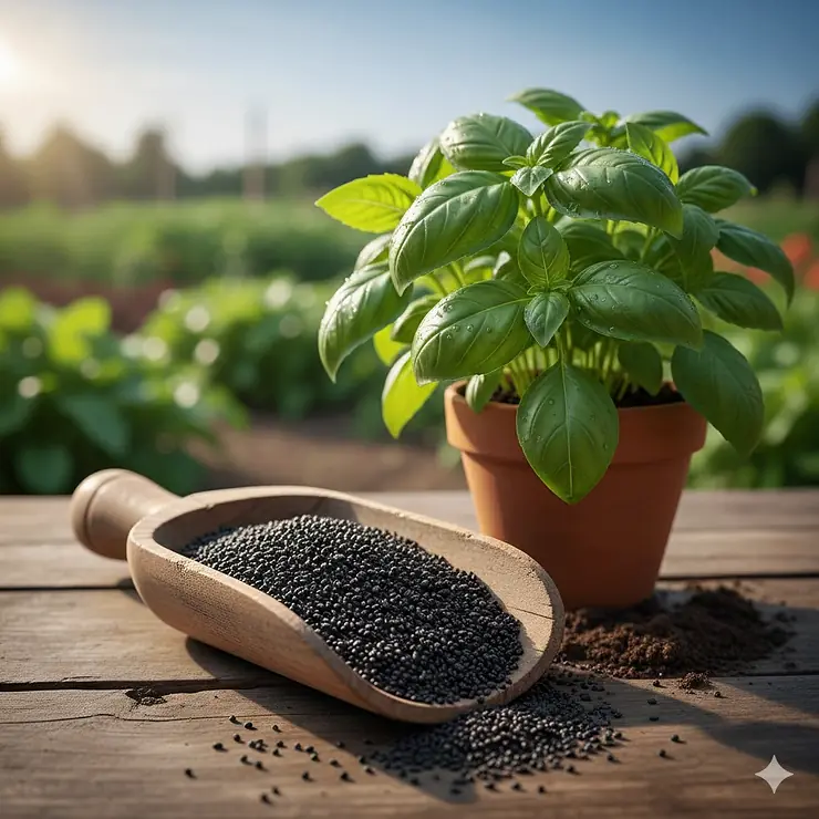 A wooden scoop filled with small black basil seeds next to a vibrant, potted green basil plant. basil seeds for planting