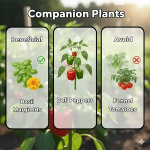 A chart showing beneficial companion plants like basil and marigolds for bell peppers to grow near.