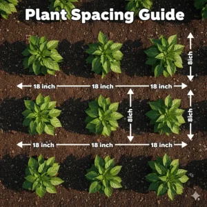Gardening illustration showing the recommended 18-inch spacing for bell peppers to grow successfully.