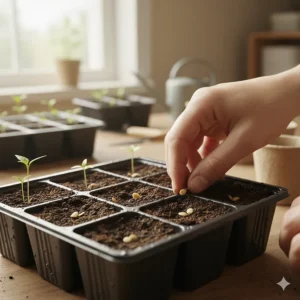 Starting bell peppers to grow indoors using a seed starting tray and organic potting mix.