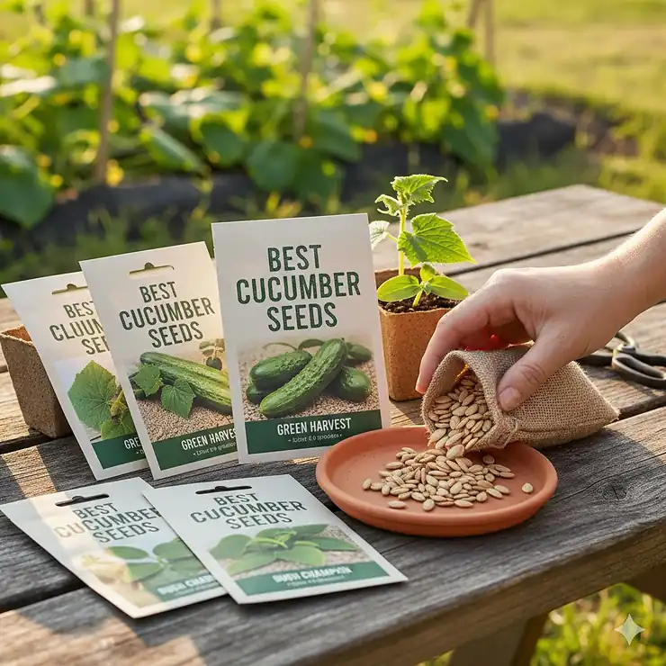 A variety of the best cucumber seeds in labeled packets ready for spring planting.