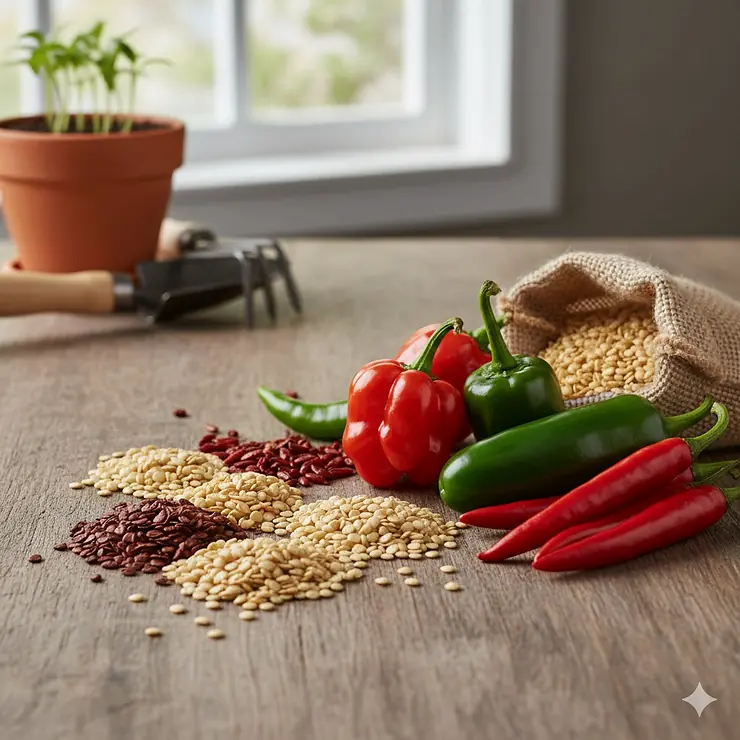 A vibrant assortment of various hot pepper seeds displayed next to fresh Habanero, Jalapeno, and Thai chili peppers.