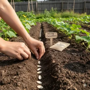 Long, smooth-skinned slicing cucumber seeds being planted in a garden row.