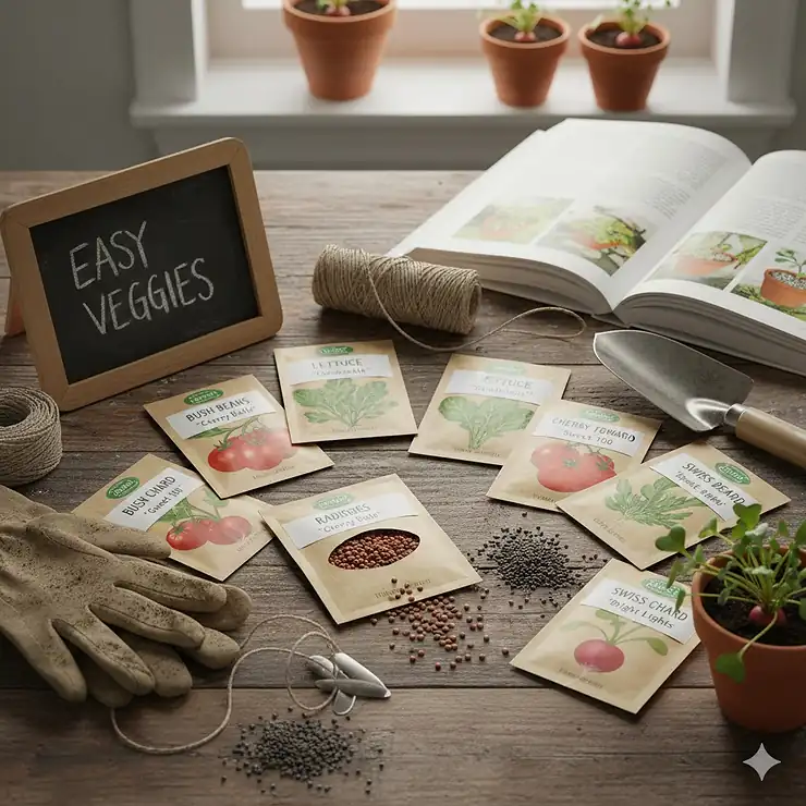 A flat-lay arrangement of various vegetable seed packets, including radishes and lettuce, perfect for beginner gardeners. vegetable seeds for beginners