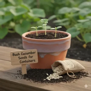 Compact bush cucumber seeds growing in a ceramic pot for small space gardening.