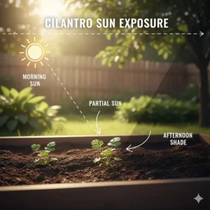 Illustration of a garden bed with cilantro seeds receiving partial sun and morning light.