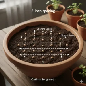 Top-down illustration showing proper 2-inch spacing between cilantro seeds for optimal garden growth.