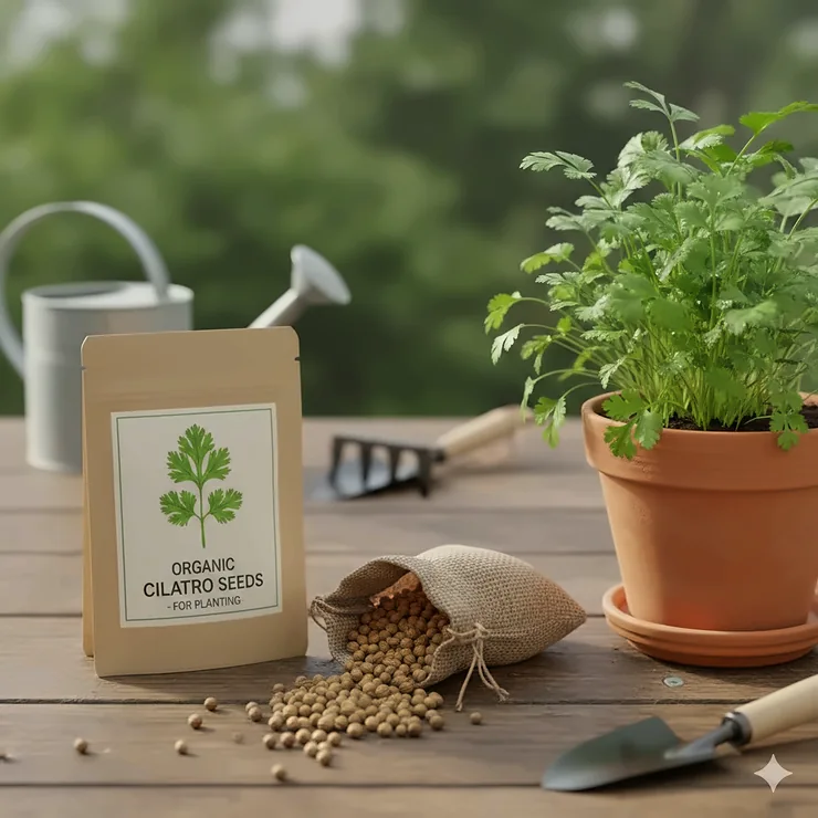 A wooden table featuring a packet of organic cilantro seeds ready for planting next to a lush green cilantro plant in a terracotta pot. cilantro seeds for planting