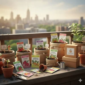 Illustration of a vegetable seed collection specifically curated for container gardening and small balconies.