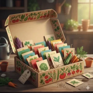 An illustrated gift box containing a diverse vegetable seed collection for home gardening.