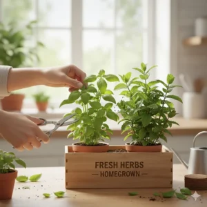 Hand-drawn illustration showing where to prune basil and mint grown from a herb garden seed kit.