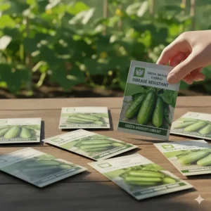 Hybrid cucumber seed packets featuring labels for powdery mildew resistance.