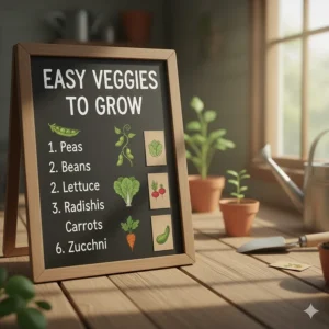 An illustrated list of the easiest vegetable seeds for beginners to grow, featuring peas, beans, and zucchini.