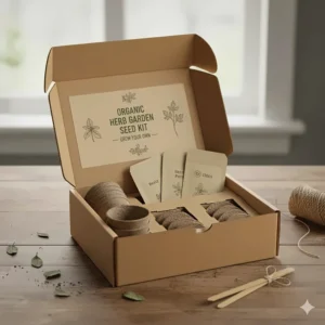 Sustainable and plastic-free packaging for an organic herb garden seed kit.
