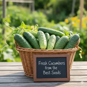 A basket of crisp green cucumbers harvested from the best cucumber seeds.