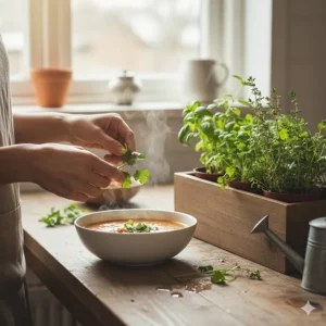 Using fresh cilantro and thyme harvested from a home herb garden seed kit to garnish a meal.