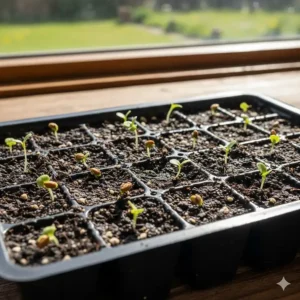 Young green sprouts emerging from the soil one week after sowing lettuce seeds for planting.