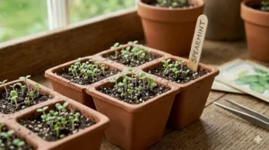 Small green mint seedlings emerging from the soil two weeks after planting.