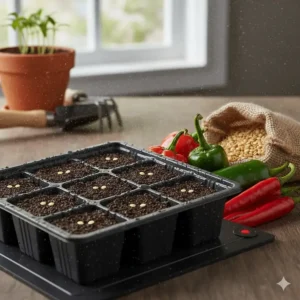 Illustration of hot pepper seeds placed in a seedling tray with moist soil and a heat mat.