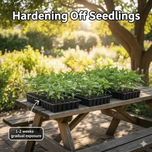 Young bell pepper plants placed outside in a shaded area to acclimate before transplanting.