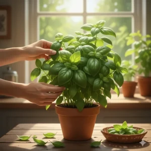 A gardener picking fresh leaves from a mature basil plant grown from seed.