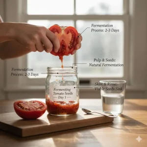 Illustration of the fermentation process used to save and clean organic tomato seeds from a ripe fruit.
