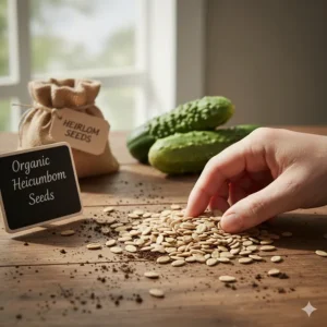 Organic heirloom cucumber seeds spread out on a wooden table.