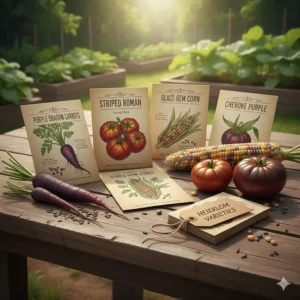 Detailed illustration of rare heirloom vegetable seeds including purple carrots and striped tomatoes.