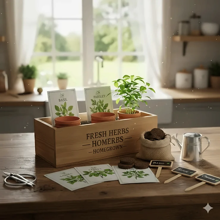 A complete herb garden seed kit including wooden planter box, organic seeds, soil discs, and bamboo plant markers.