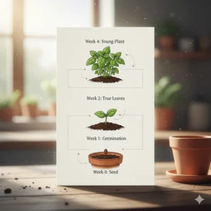 Diagram showing the stages of growth for culinary herbs grown from a garden starter kit.