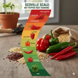 A colorful Scoville Scale chart ranking different hot pepper seeds from mild Poblano to Carolina Reaper.