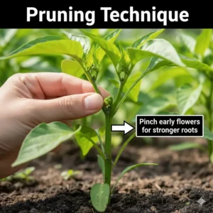 A close-up illustration of where to pinch off early flowers to help bell peppers grow stronger roots.