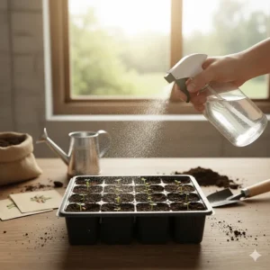 An illustration demonstrating the gentle misting technique needed for newly planted vegetable seeds.