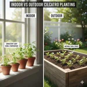 Side-by-side comparison of planting cilantro seeds in an indoor windowsill herb garden versus an outdoor raised bed.