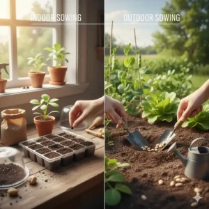 Illustration comparing starting vegetable seeds indoors in trays versus direct sowing in garden soil.